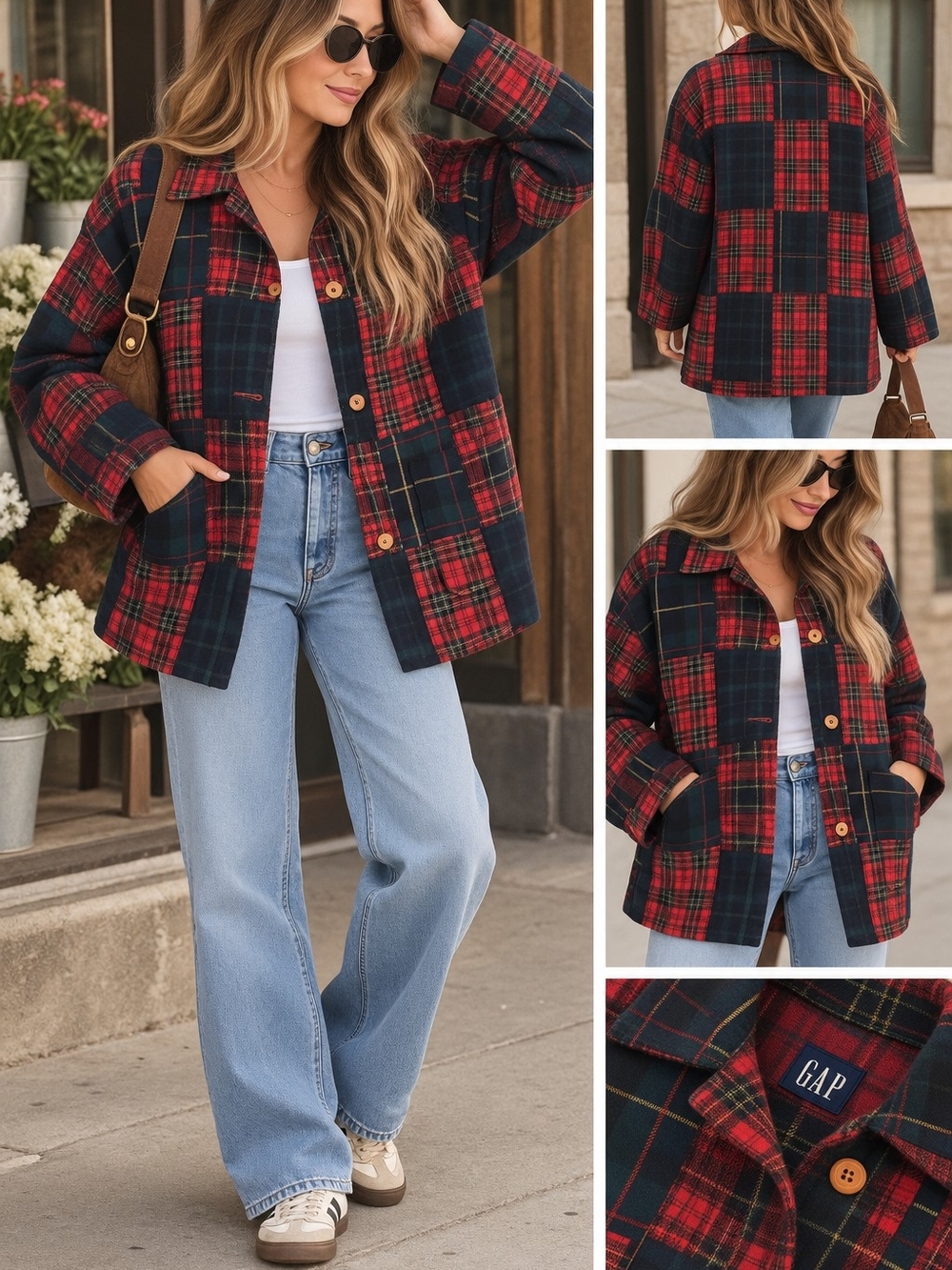 90s Vintage GAP Red and Navy Plaid Patchwork Shacket